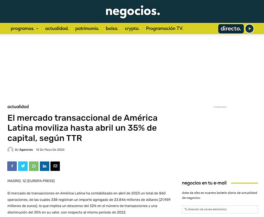 El mercado transaccional de Amrica Latina moviliza hasta abril un 35% de capital, segn TTR
